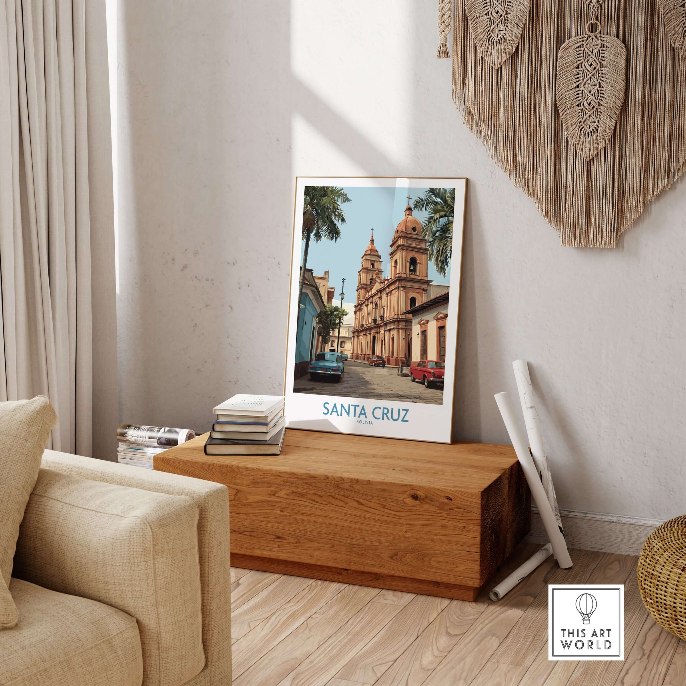 Santa Cruz Bolivia Art Print | Historic City Poster displayed in a cozy living room, showcasing historic architecture.