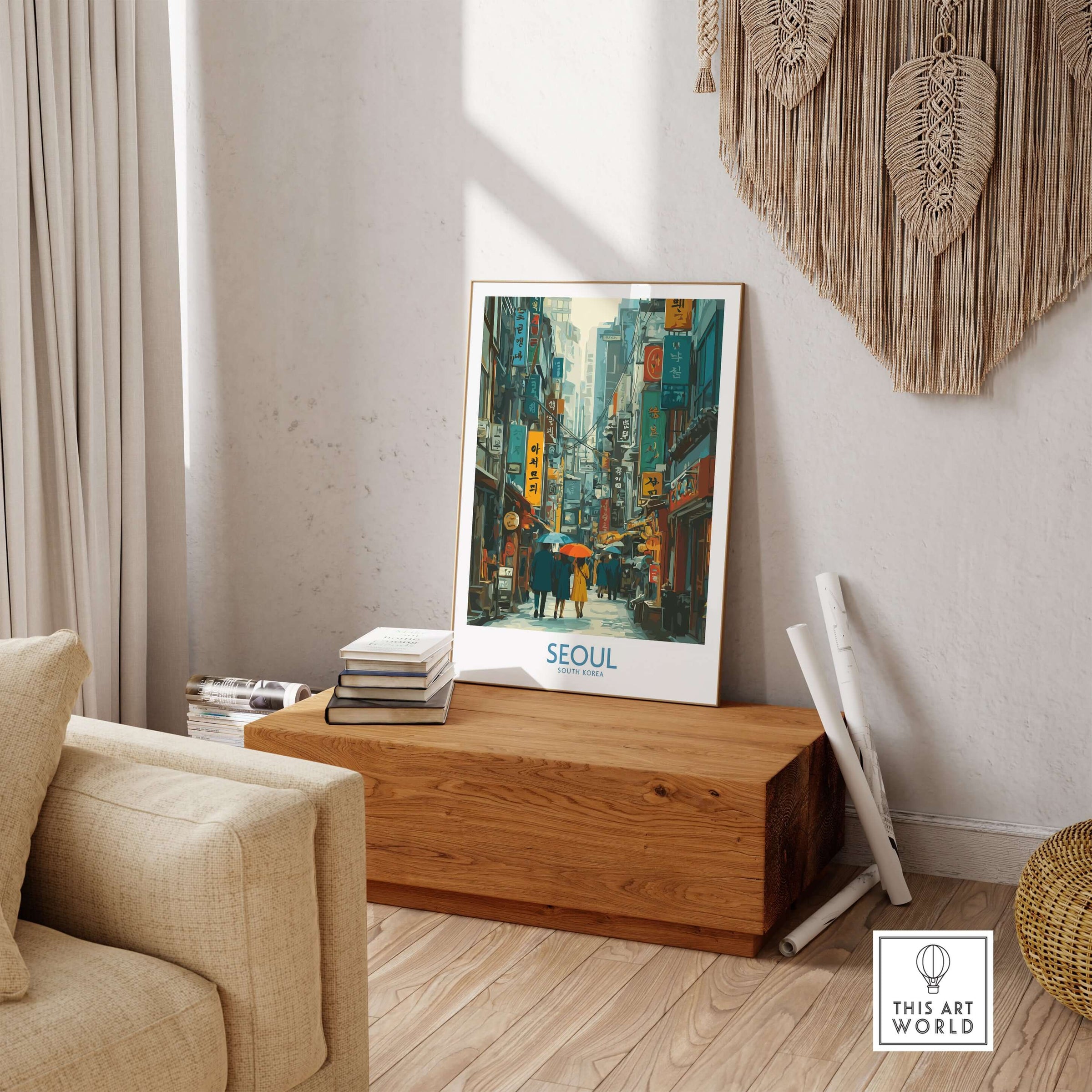 Seoul Poster South Korea - Vibrant City Life Art Print displayed in a stylish interior with wooden decor.