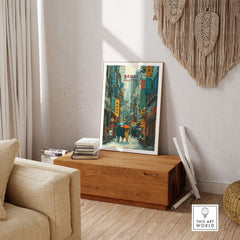 Seoul Print South Korea Busy Street - Urban Cityscape Wall Art displayed in a modern living room setting.