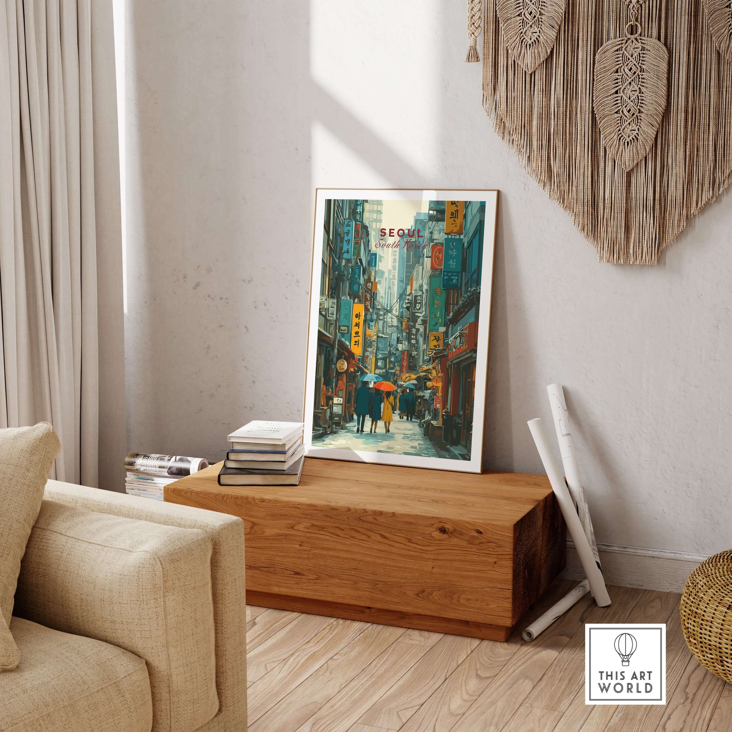 Seoul Print South Korea Busy Street - Urban Cityscape Wall Art displayed in a modern living room setting.