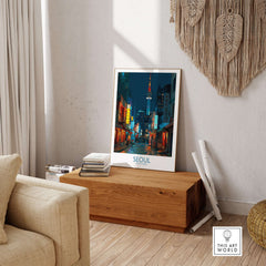 Seoul South Korea Wall Art - Korean Cityscape Print displayed in a modern living room, showcasing vibrant urban scenery.
