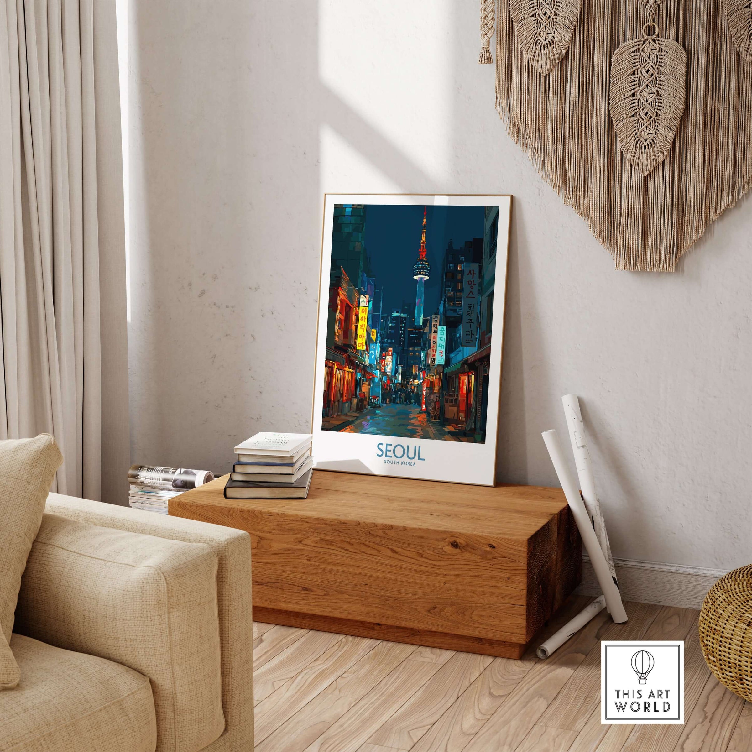 Seoul South Korea Wall Art - Korean Cityscape Print displayed in a modern living room, showcasing vibrant urban scenery.