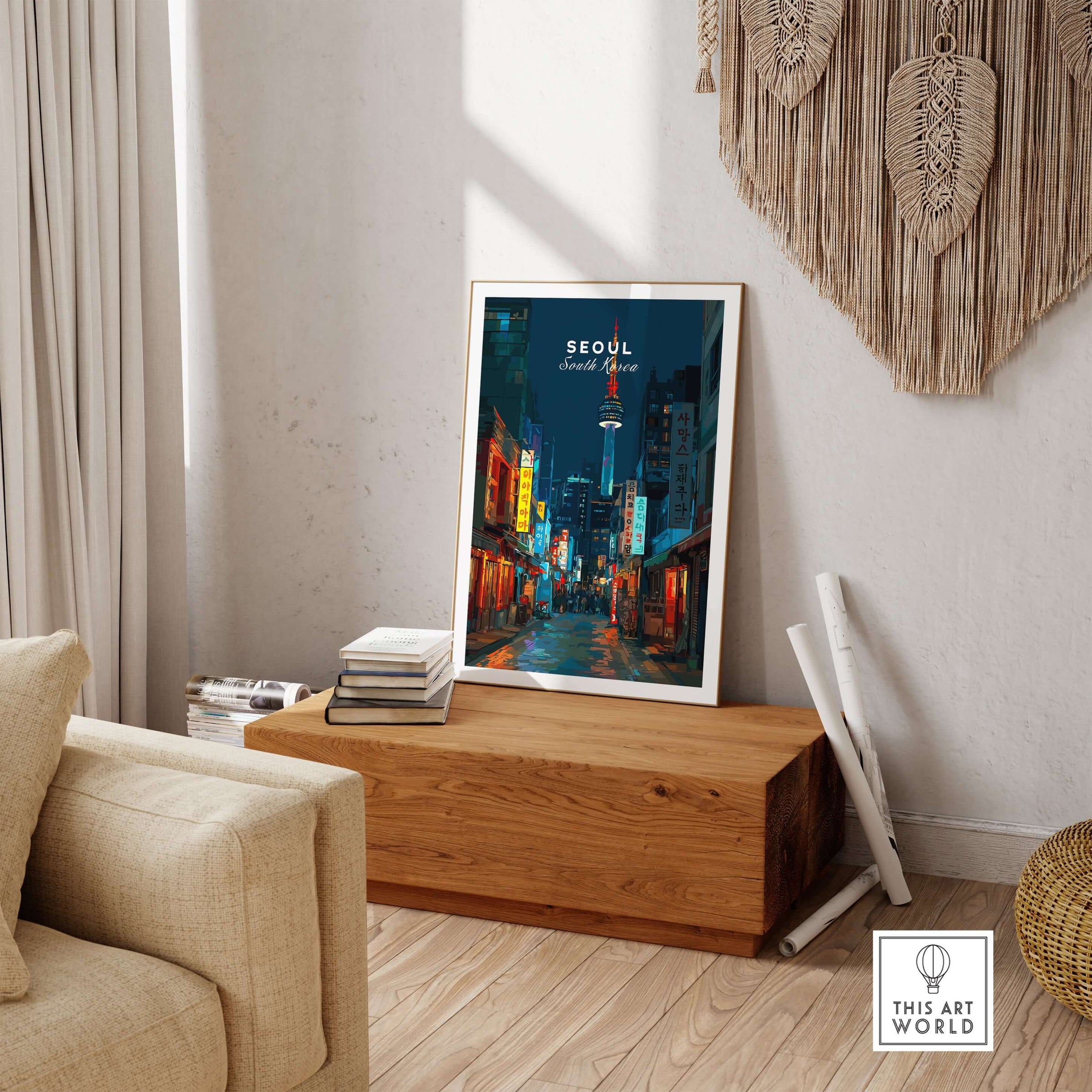 Seoul South Korea Poster N Seoul Tower Print displayed in a cozy room setting with modern decor.