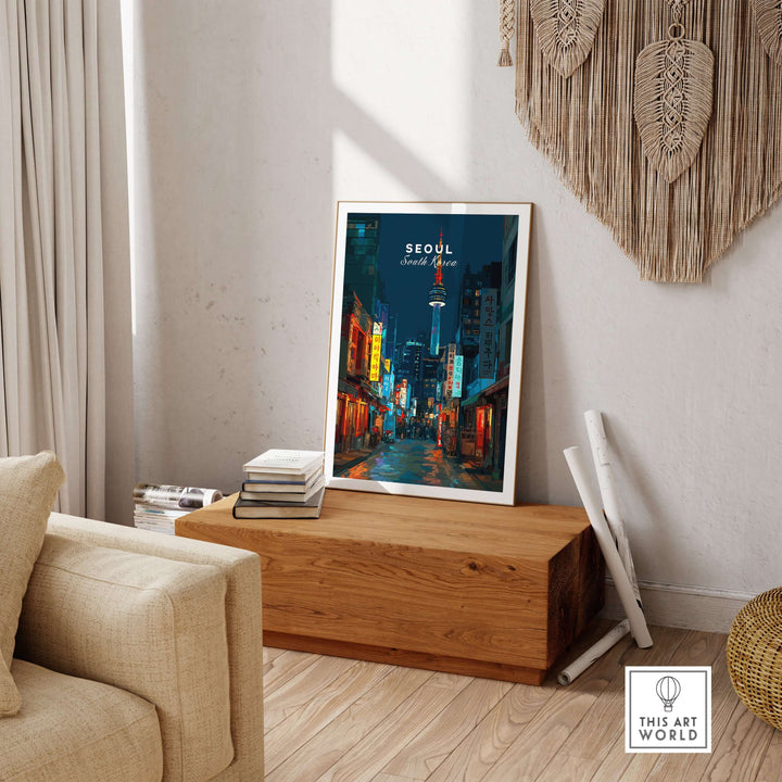 Seoul South Korea poster featuring N Seoul Tower in a modern interior setting with urban street view.