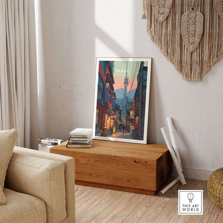 N Seoul print showcasing traditional streets of Seoul, South Korea, displayed in a cozy living room setting.