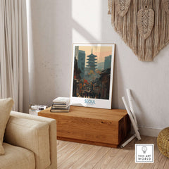 Seoul South Korea Old Town Skyline Wall Art displayed in a cozy interior setting with warm tones.