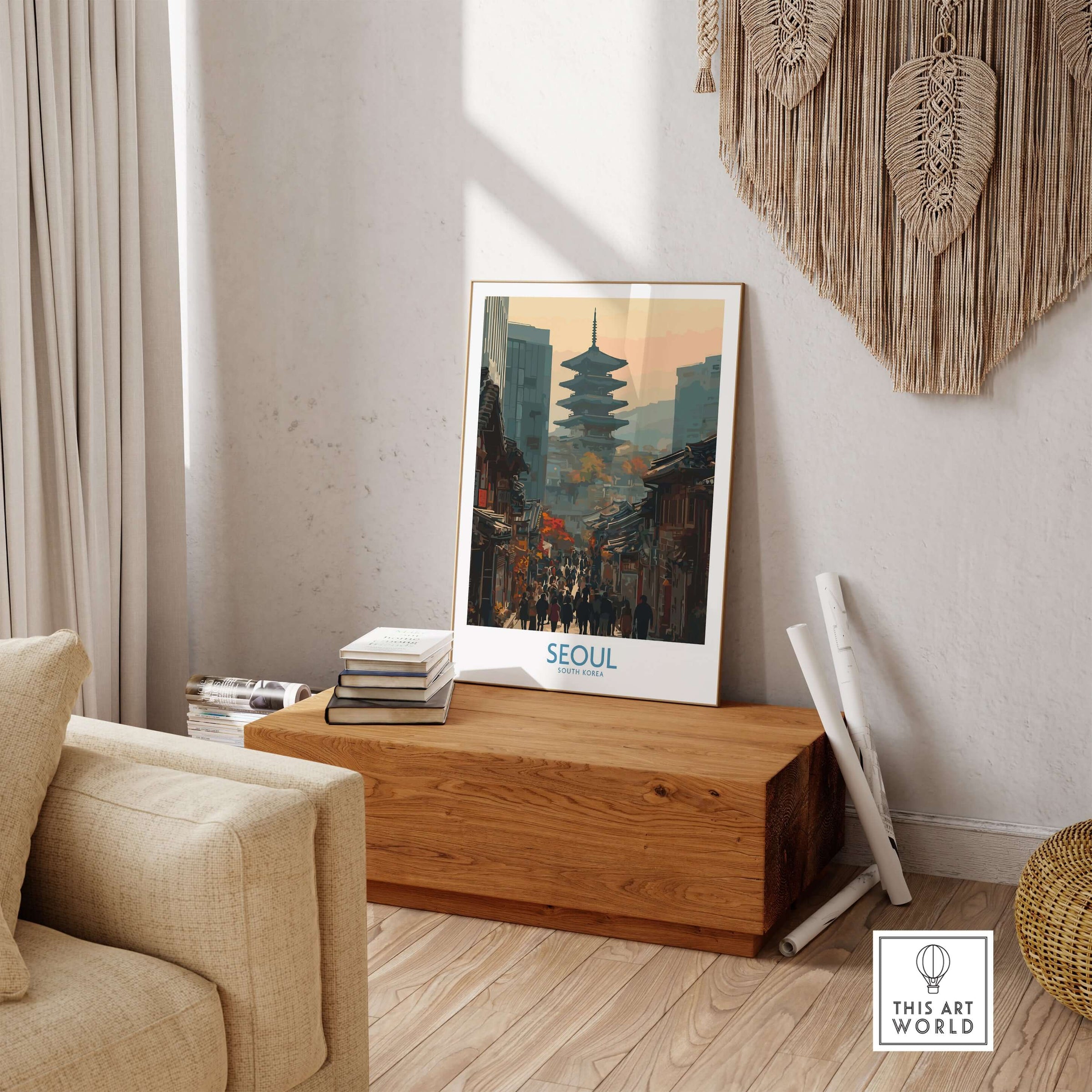 Seoul South Korea Old Town Skyline Wall Art displayed in a cozy interior setting with warm tones.