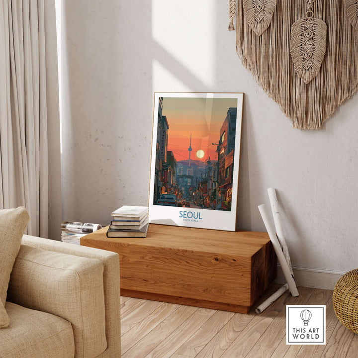 Seoul South Korea wall art print showcasing sunset over city skyline in a modern living room.