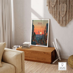 Seoul South Korea City Sunset Print - N Seoul Tower Skyline Poster displayed in a cozy living room setting.