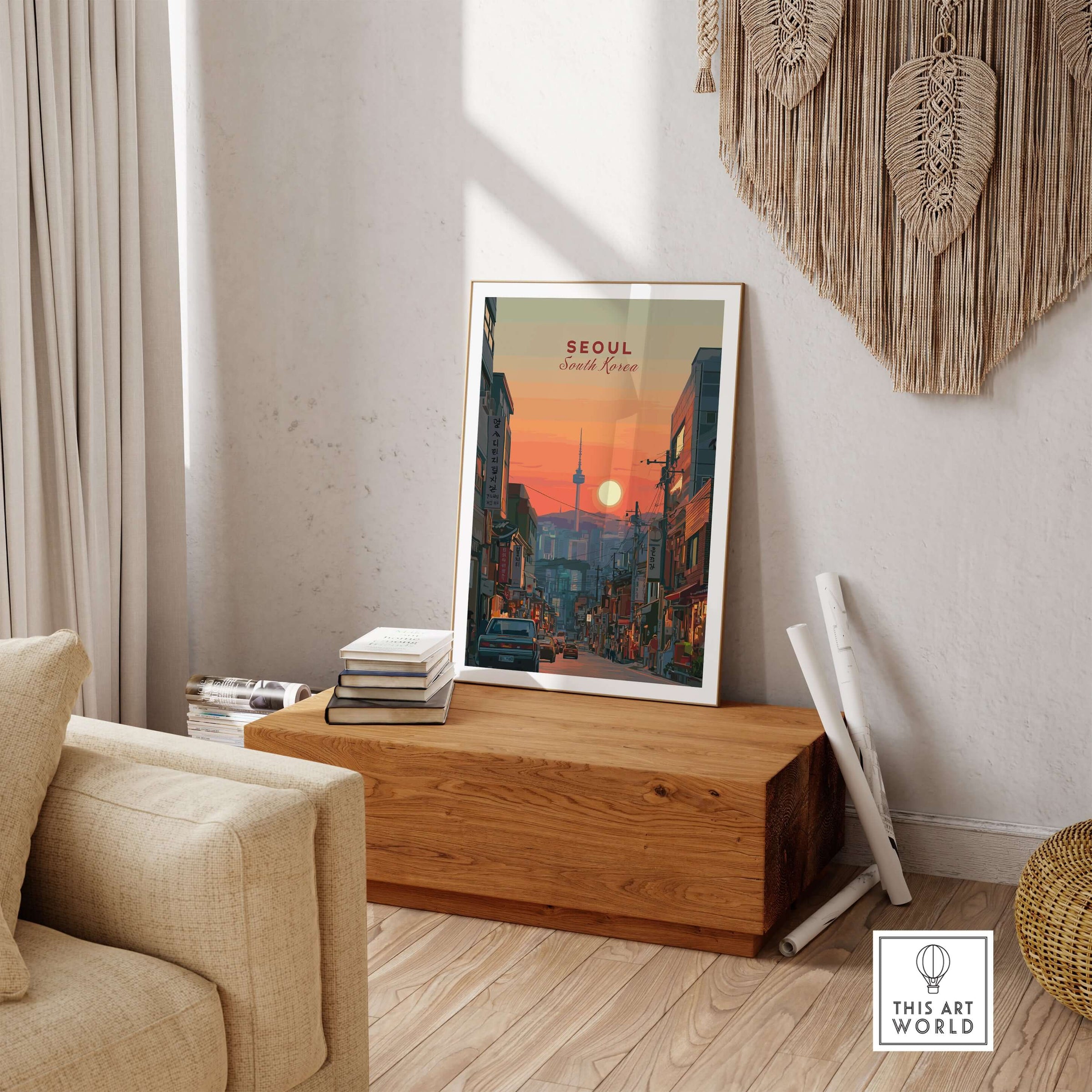 Seoul South Korea City Sunset Print - N Seoul Tower Skyline Poster displayed in a cozy living room setting.