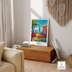 Seoul South Korea City Park Skyline Poster displayed in a modern living room with vibrant colors and urban park scenery.