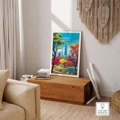 Seoul South Korea Lotte World Tower Park Print displayed in a stylish home interior with vibrant colors and modern decor.