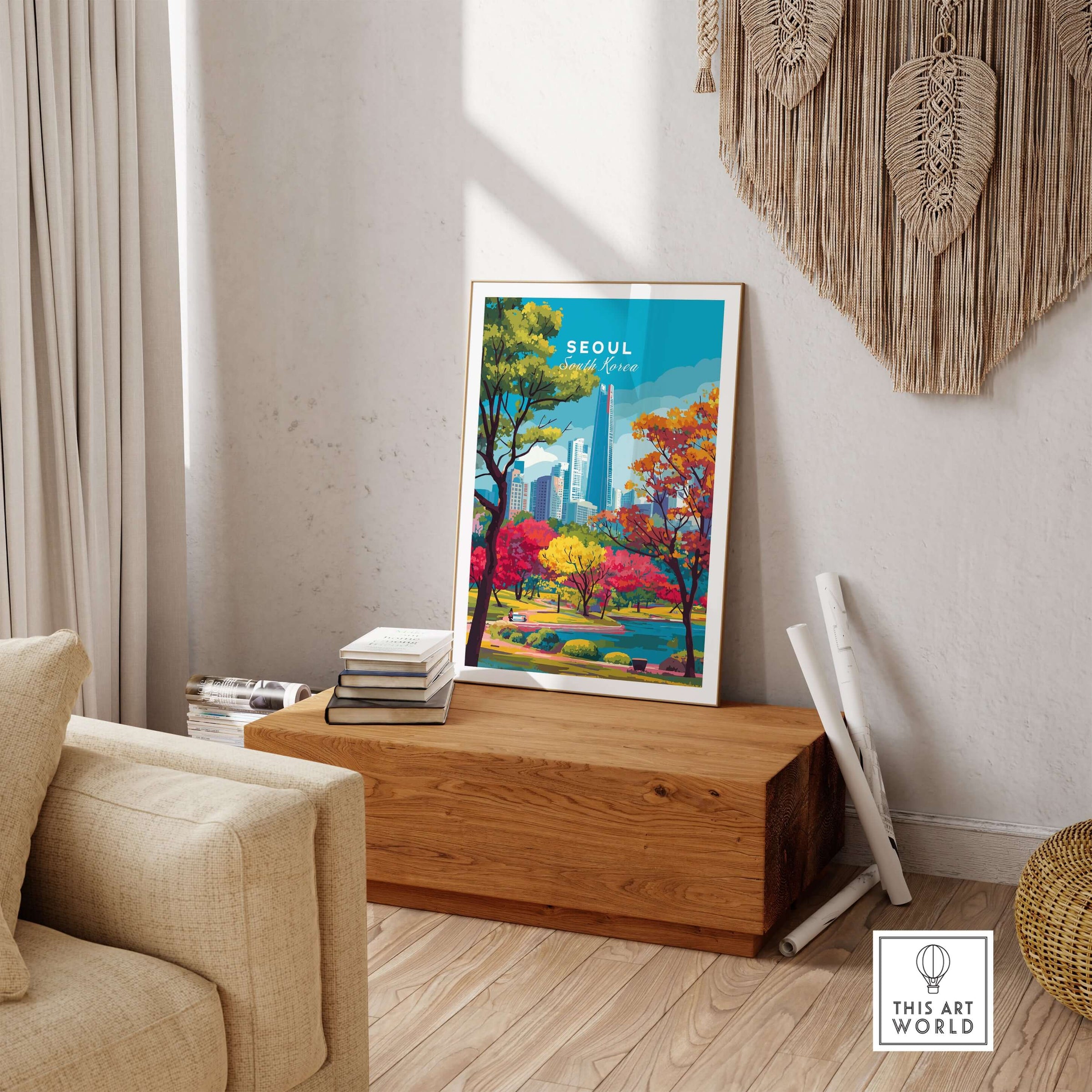 Seoul South Korea Lotte World Tower Park Print displayed in a stylish home interior with vibrant colors and modern decor.