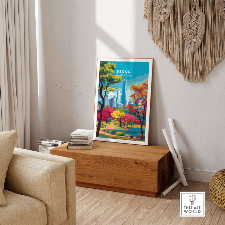 Lotte World Tower Park print showcasing Seoul's skyline and vibrant autumn foliage in a stylish interior.