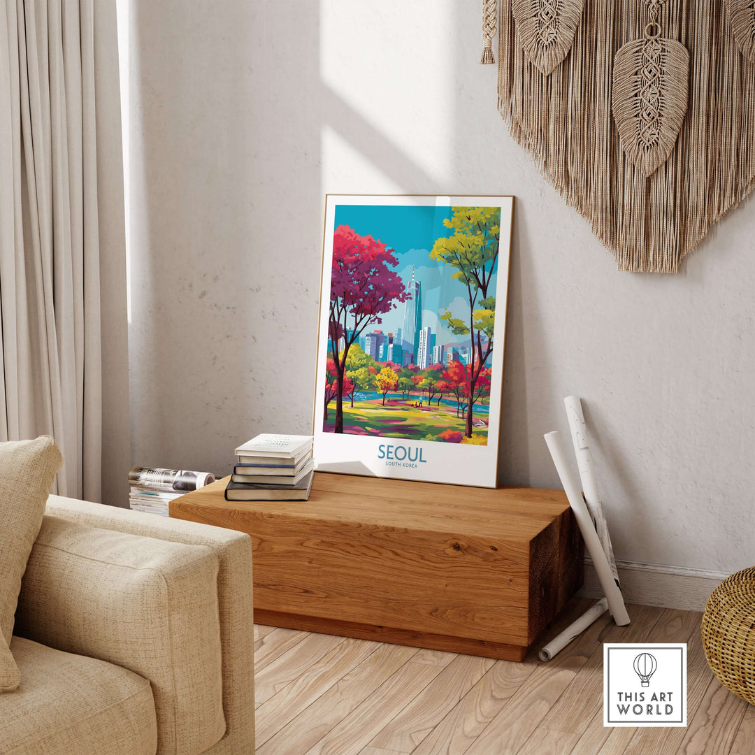 Colorful Seoul wall art print showcasing vibrant trees and city skyline, perfect for home decor.