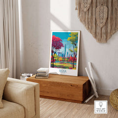 Seoul Wall Art - South Korea Print displayed in a stylish living room, featuring vibrant trees and a modern city background.