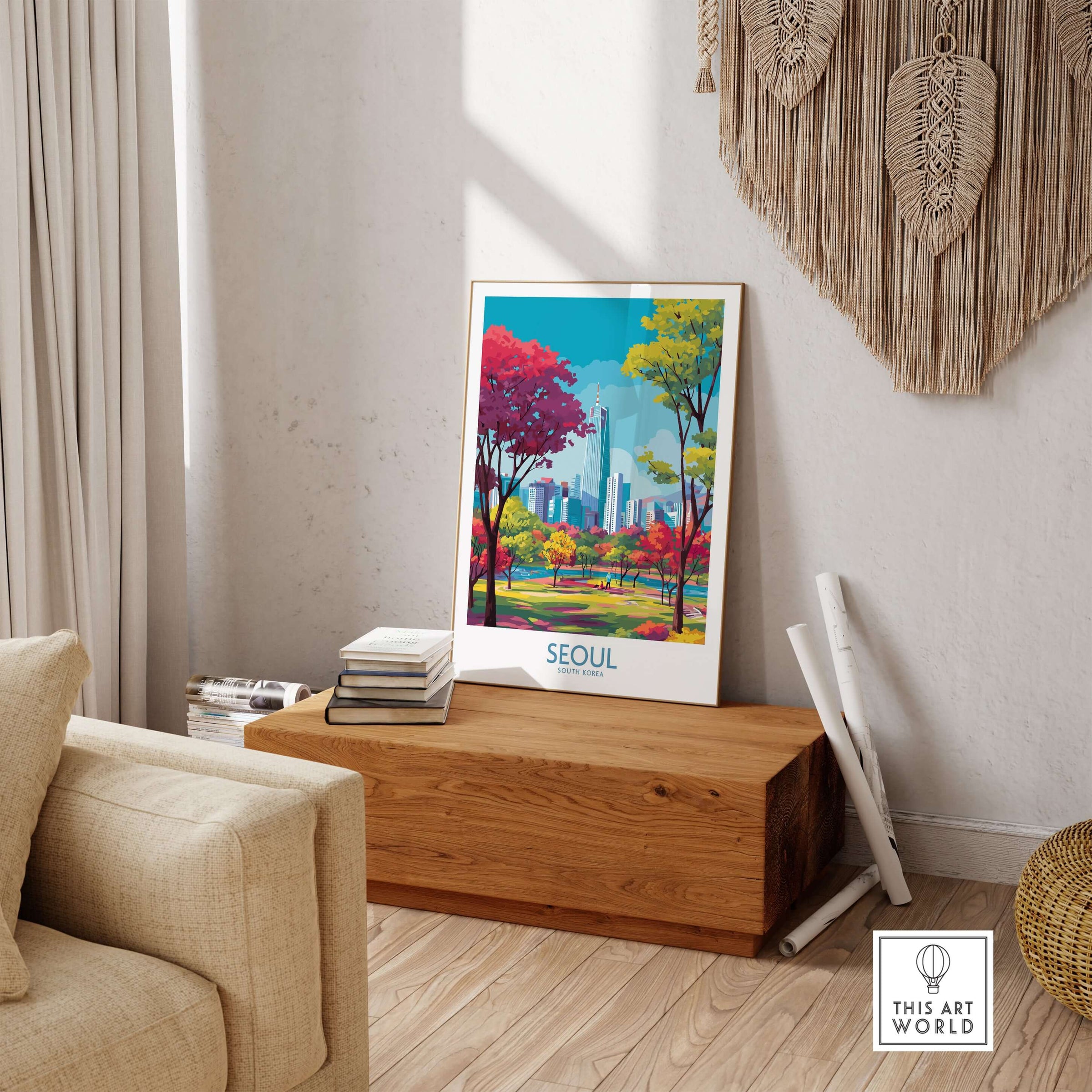 Seoul Wall Art - South Korea Print displayed in a stylish living room, featuring vibrant trees and a modern city background.