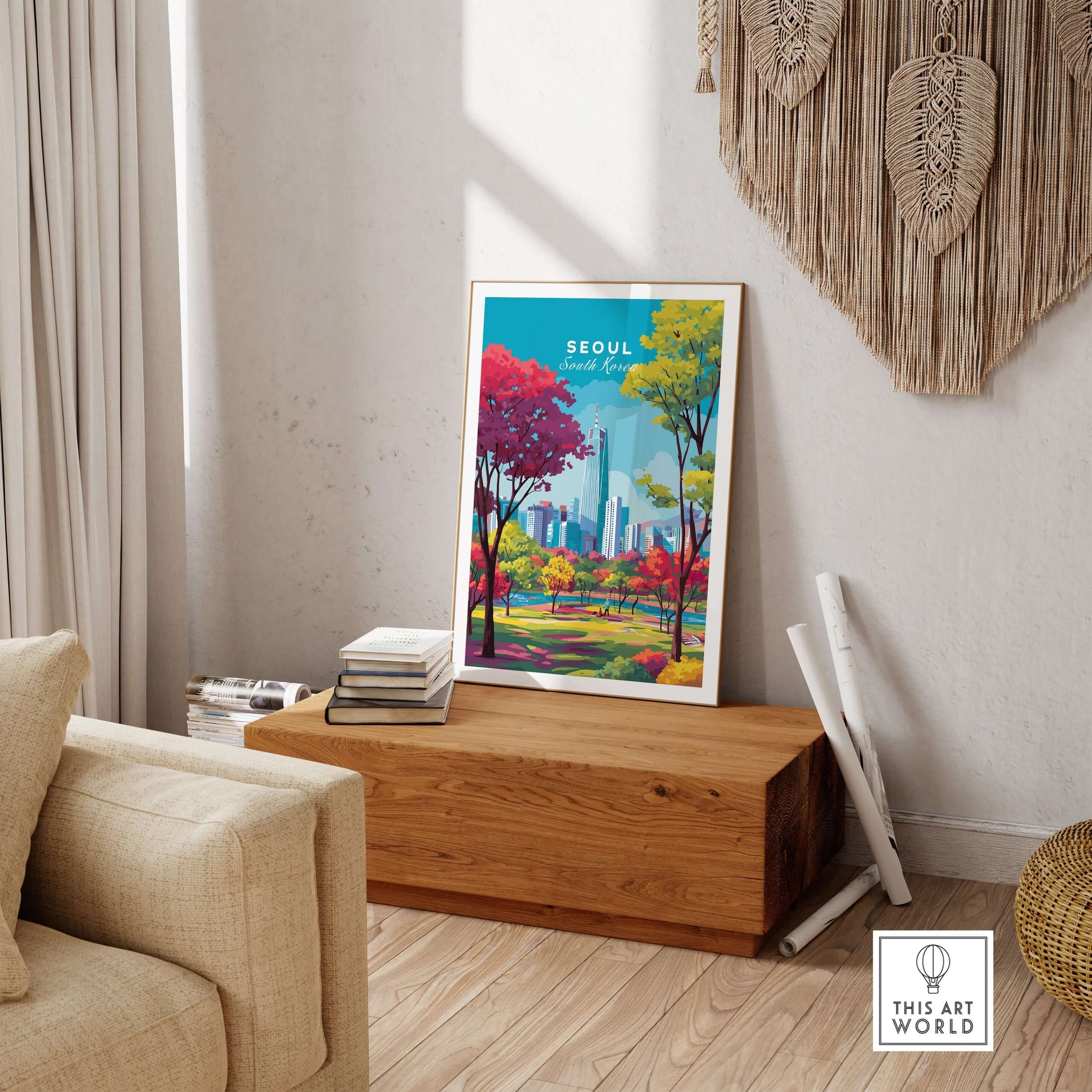 Seoul South Korea Poster - Vibrant Cityscape Print displayed in a modern living room with colorful trees and city skyline.