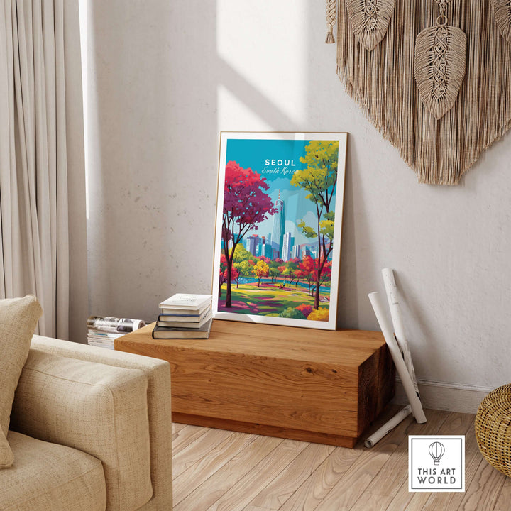 Vibrant Seoul South Korea cityscape poster displayed in a modern living room setting.