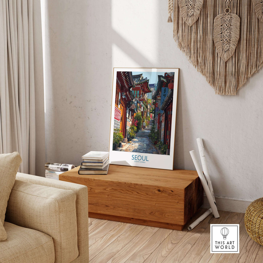 Seoul Bukchon Hanok Village poster showcasing traditional architecture in a cozy interior setting.