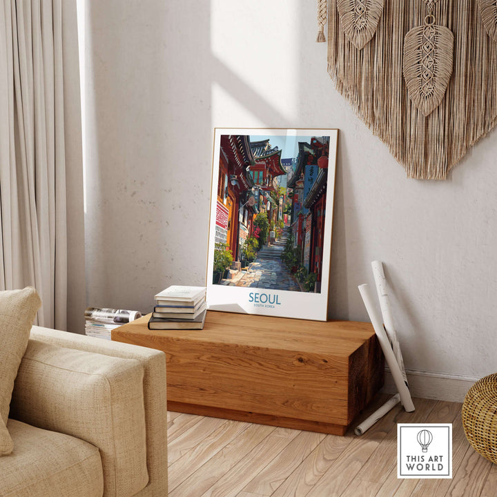Seoul Bukchon Hanok Village poster showcasing traditional architecture in a cozy interior setting.