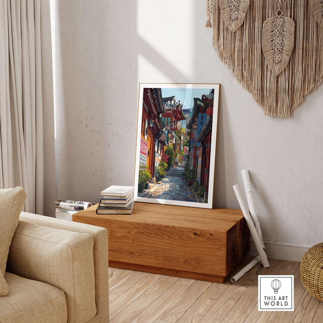 Seoul South Korea Print showcasing historic street architecture in a cozy interior setting.