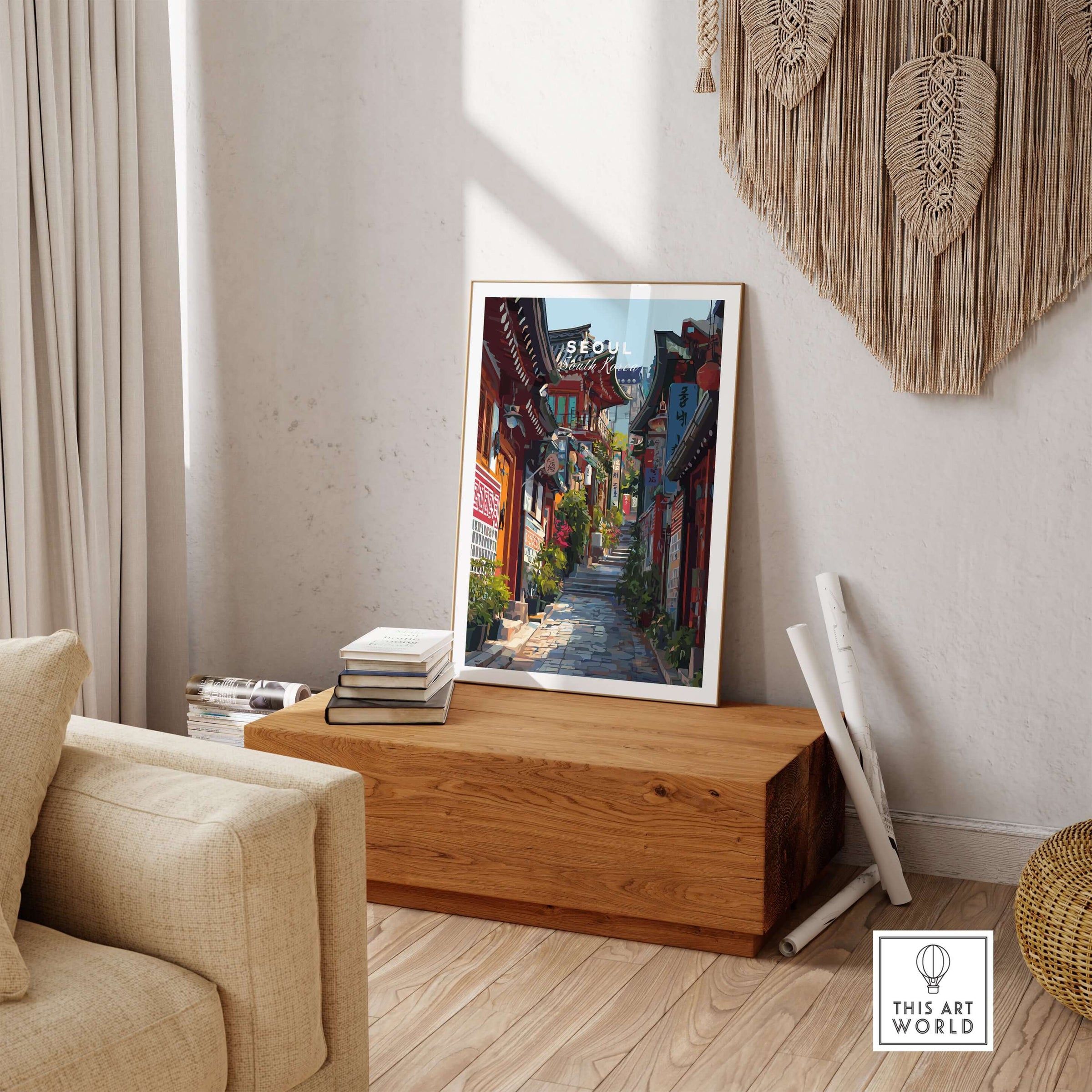 Seoul South Korea Print - Historic Korean Street Wall Art displayed in a cozy living room setting.