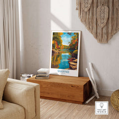 Shawnee State Park Colorful Trees Landscape Poster - Ohio Nature Travel Decor showcased in a cozy living room setting.