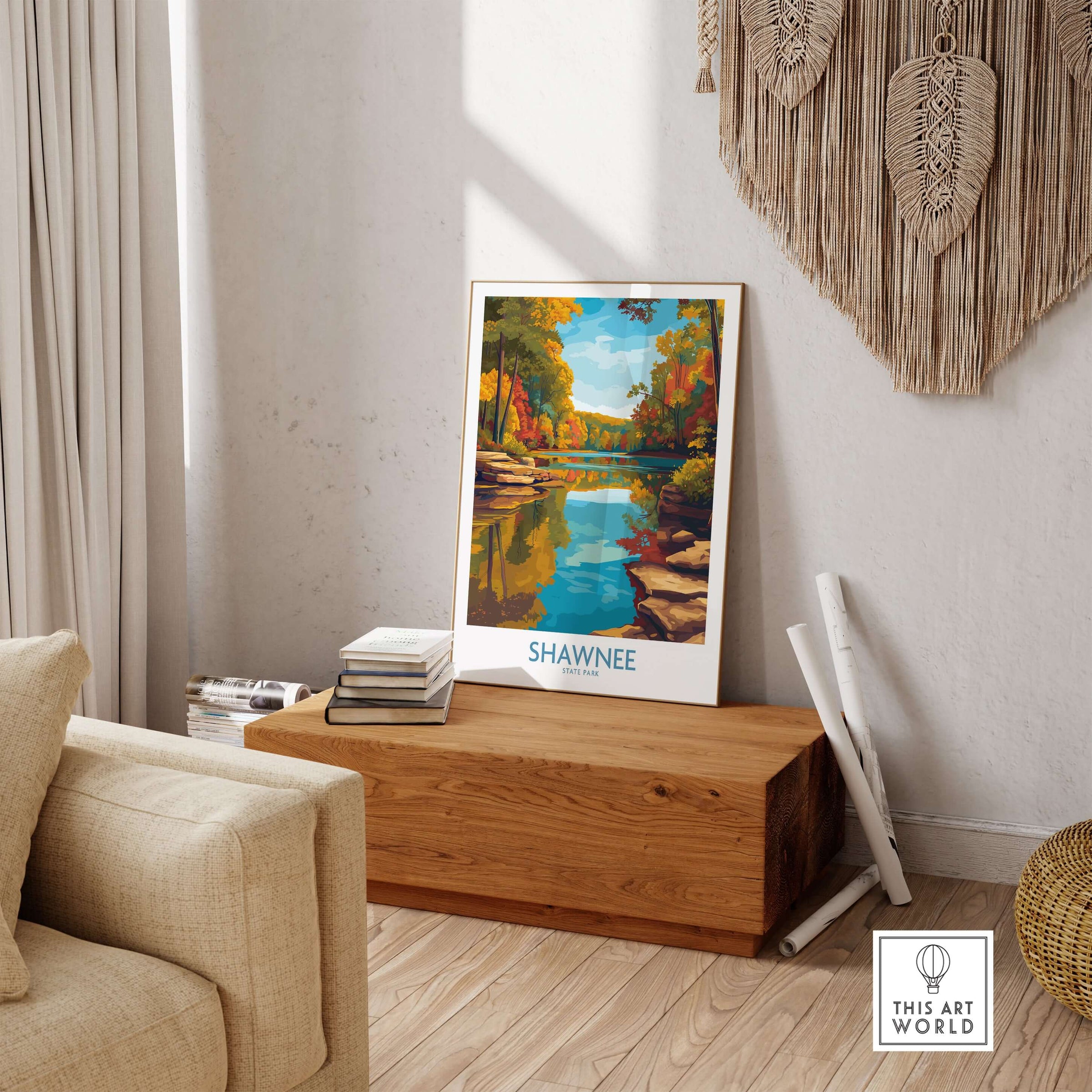 Shawnee State Park Colorful Trees Landscape Poster - Ohio Nature Travel Decor showcased in a cozy living room setting.