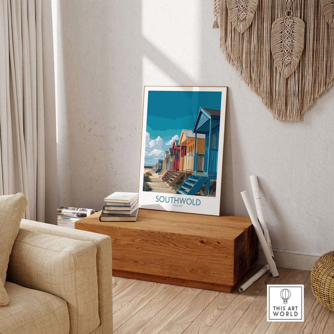 Southwold England seaside poster featuring colorful beach huts in a bright coastal setting, ideal for home decor.