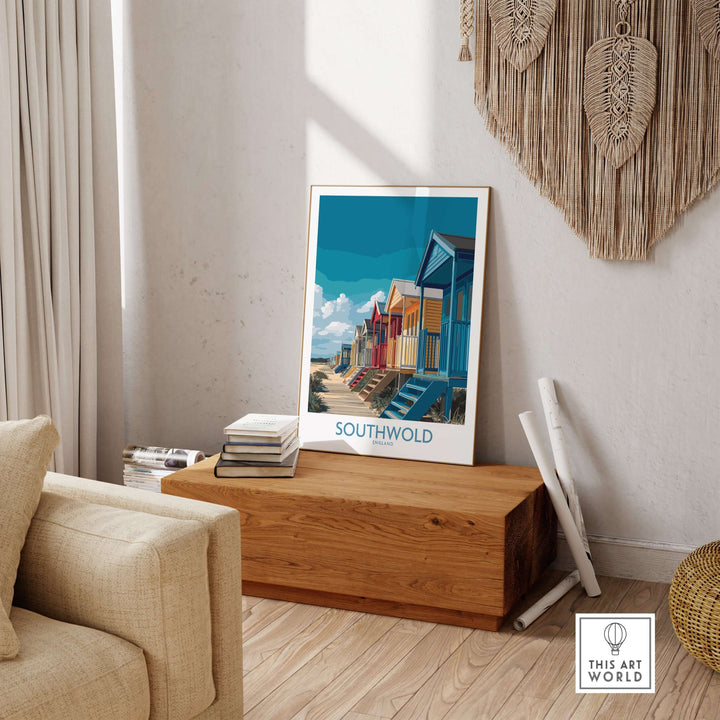 Southwold England seaside poster featuring colorful beach huts in a bright coastal setting, ideal for home decor.