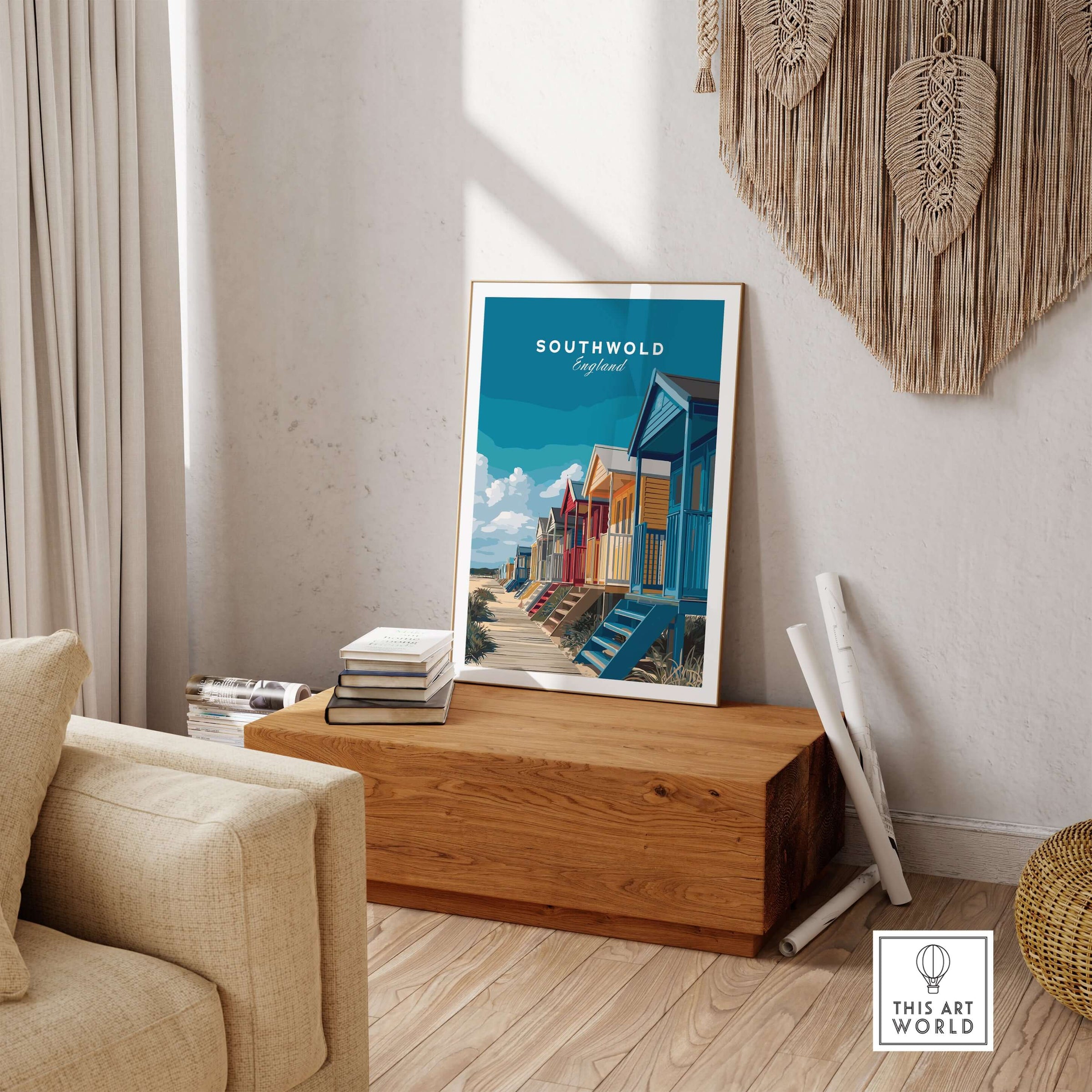 Southwold England Colorful Beach Huts Print - Suffolk Coastal Wall Art displayed in a stylish living room setting.