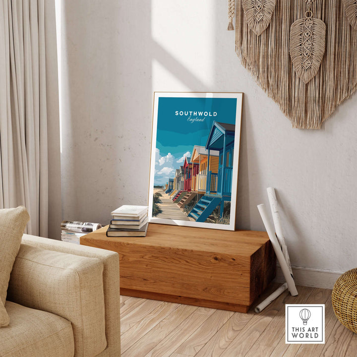 Vibrant Southwold England beach huts print in a stylish living room setting, enhancing coastal decor.