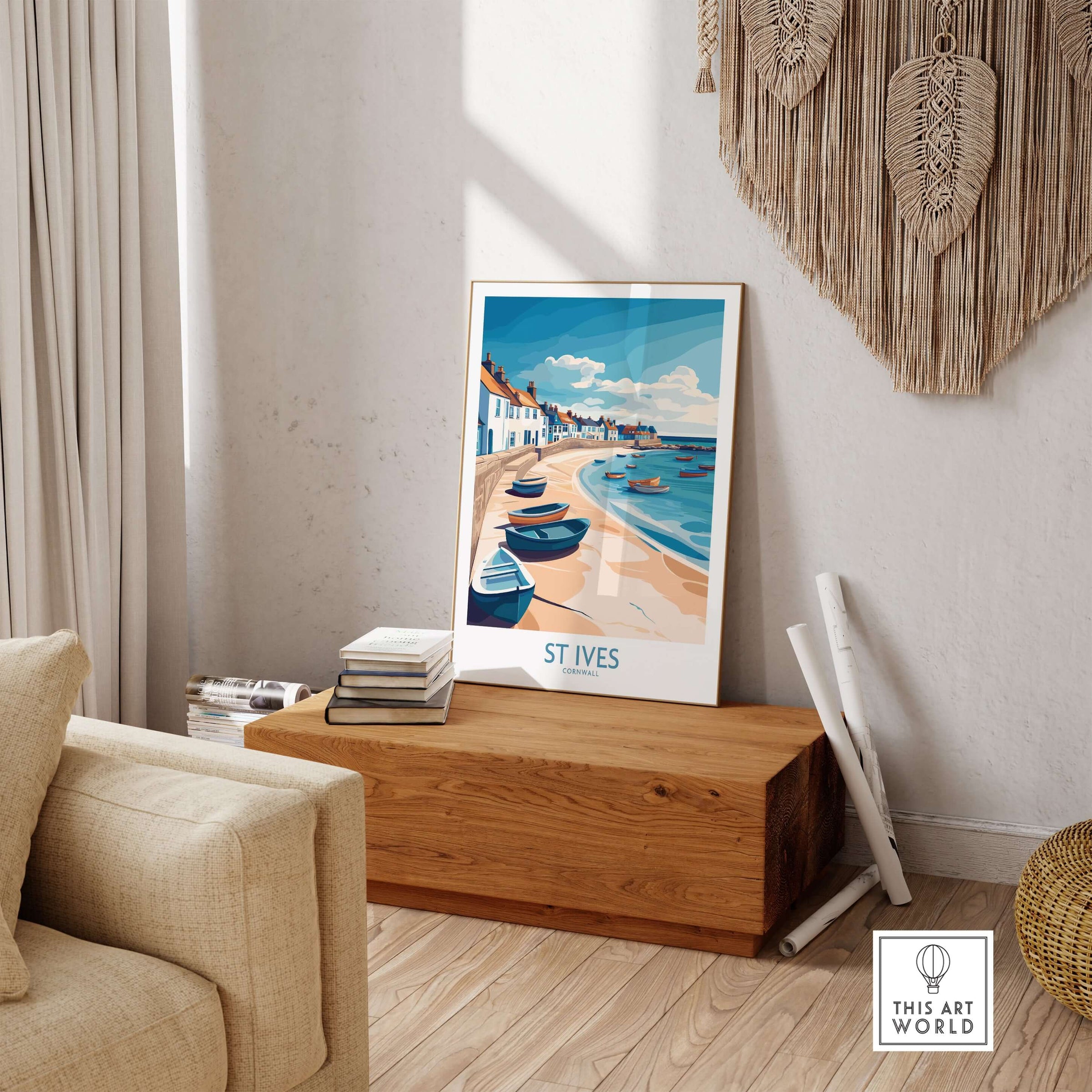 St Ives Cornish Harbor Wall Art - Cornwall Coastal Travel Destination Decor displayed in a cozy living room.