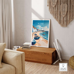 St Ives Beach Boats Seascape Poster - Cornwall Seaside Village Print displayed in a stylish interior setting.