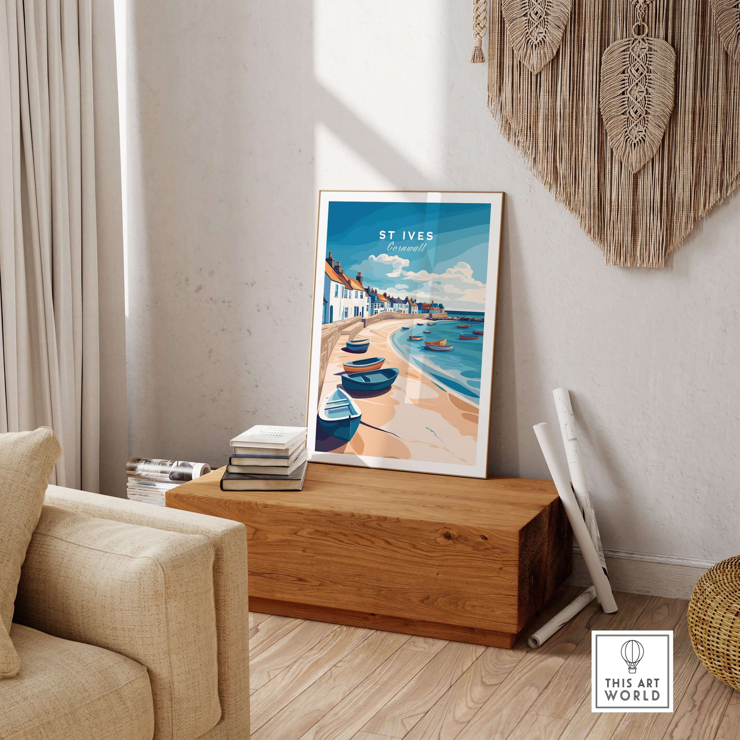 St Ives Beach Boats Seascape Poster - Cornwall Seaside Village Print displayed in a stylish interior setting.