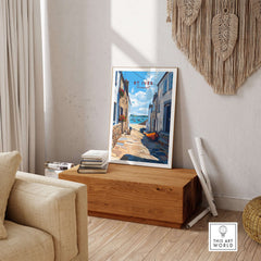 St Ives Cornwall Alleyway Beach View Print - Picturesque Coastal Town Poster displayed in a cozy interior setting.