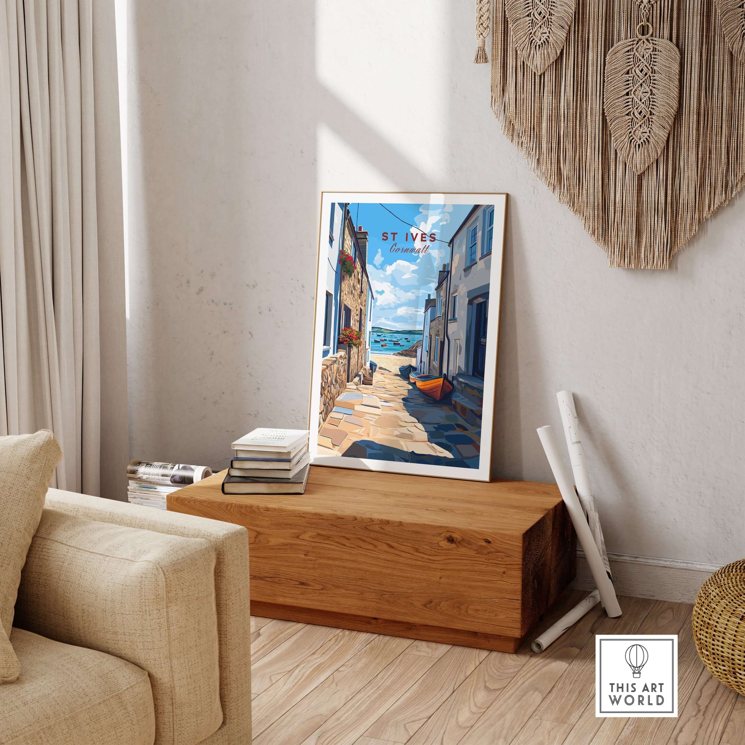 St Ives Cornwall Alleyway Beach View Print - Picturesque Coastal Town Poster displayed in a cozy interior setting.