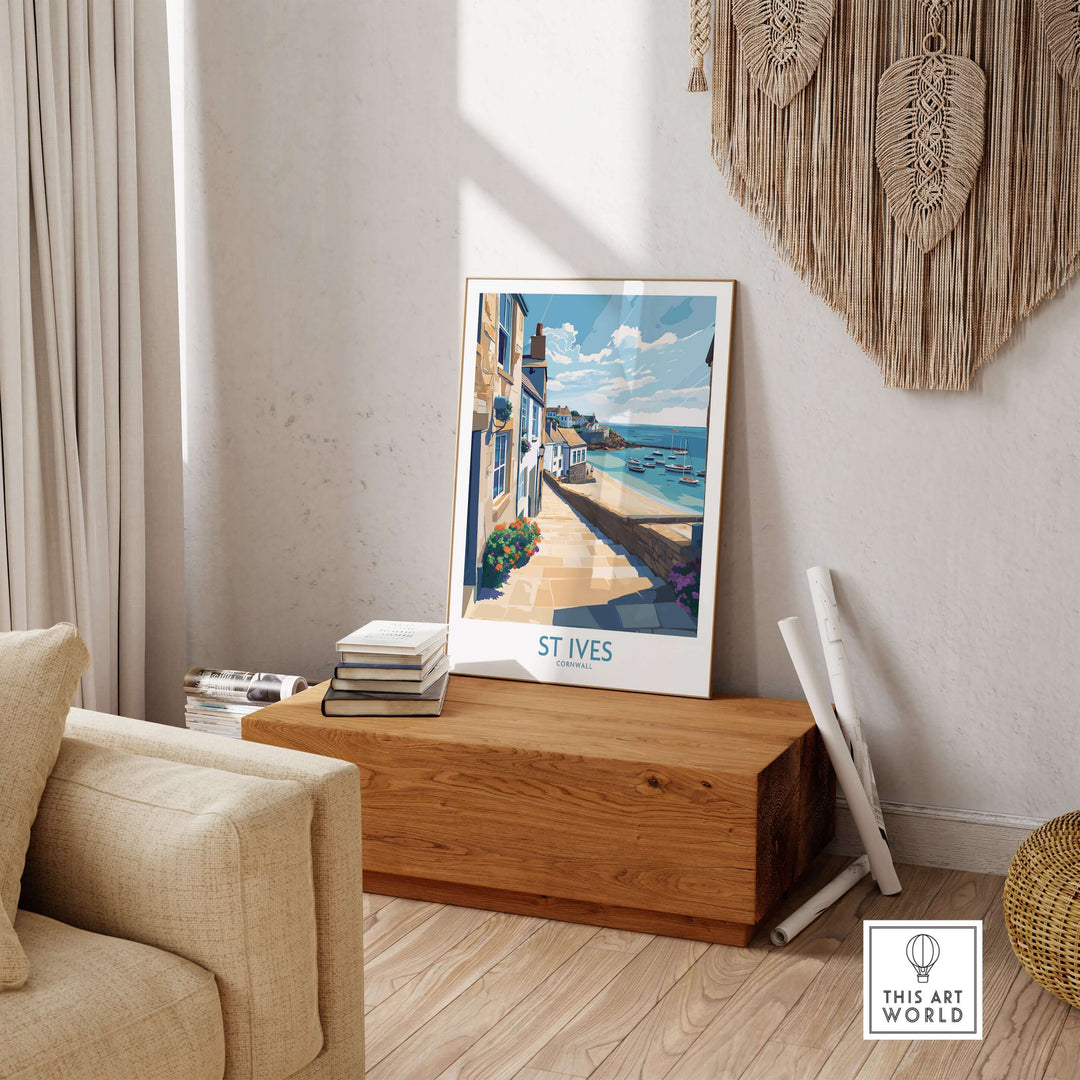 St Ives Cornwall coastal alleyway wall art displayed in a cozy living room, capturing seaside charm and wanderlust.