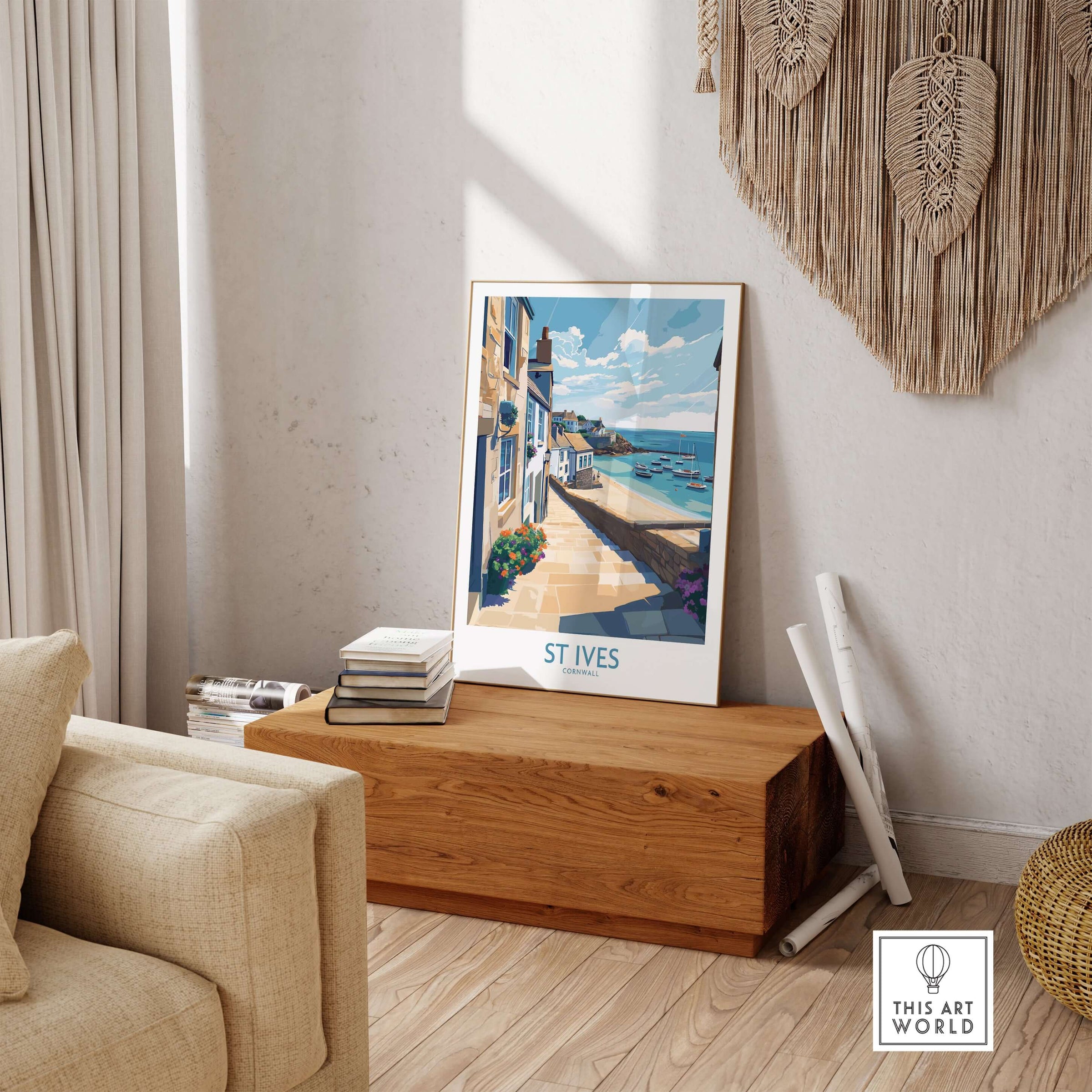 St Ives Cornwall Coastal Alleyway Wall Art - Cornish Travel Destination displayed in a modern living room.