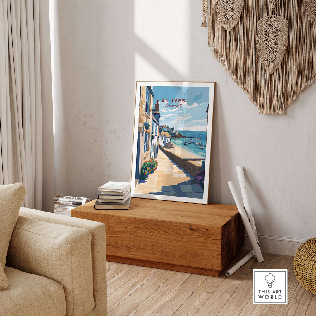St Ives Cornwall stone steps to beach poster displayed in a cozy room, capturing seaside village charm.