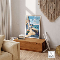 St Ives Cornwall Stone Steps to Beach Poster - Seaside Village Print displayed in a cozy living room setting.