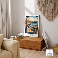 St Ives Cornwall Seaside Street Poster - Coastal Village Landscape Decor displayed in a cozy living room.
