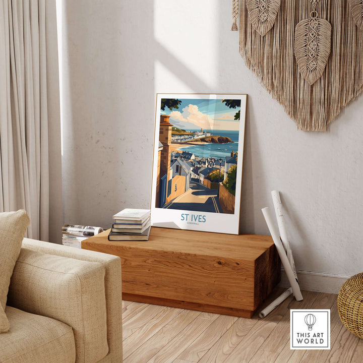 St Ives Cornwall seaside street poster displayed in a cozy living room, showcasing coastal village landscape decor.