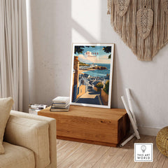 St Ives Across the Rooftops View Print - Cornish Town Wall Art displayed in a chic living room setting.