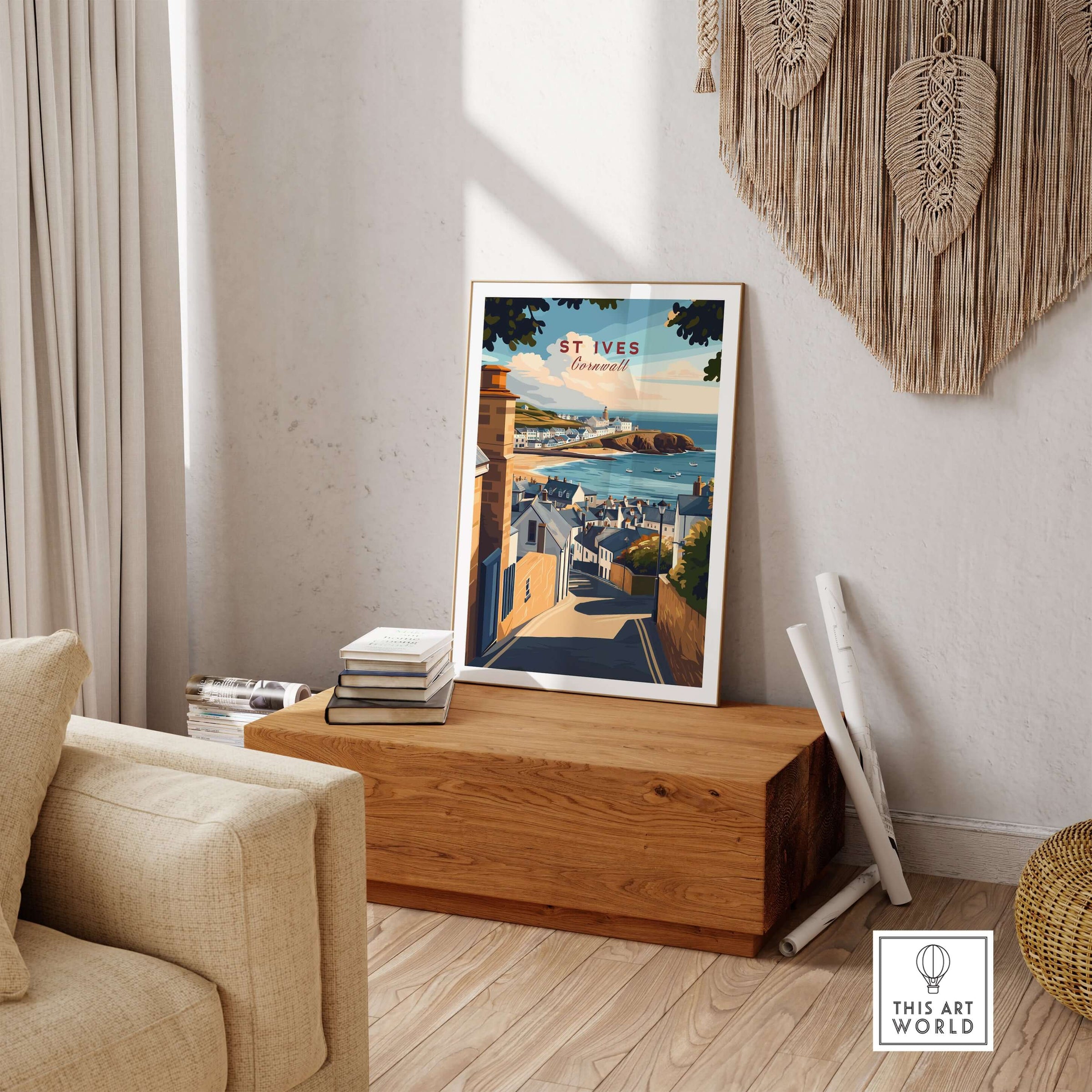 St Ives Across the Rooftops View Print - Cornish Town Wall Art displayed in a chic living room setting.