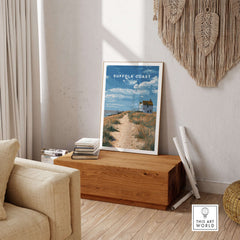 Suffolk Coast England Beach House Seaside Print - Coastal Pathway Wall Art displayed in a cozy living room.