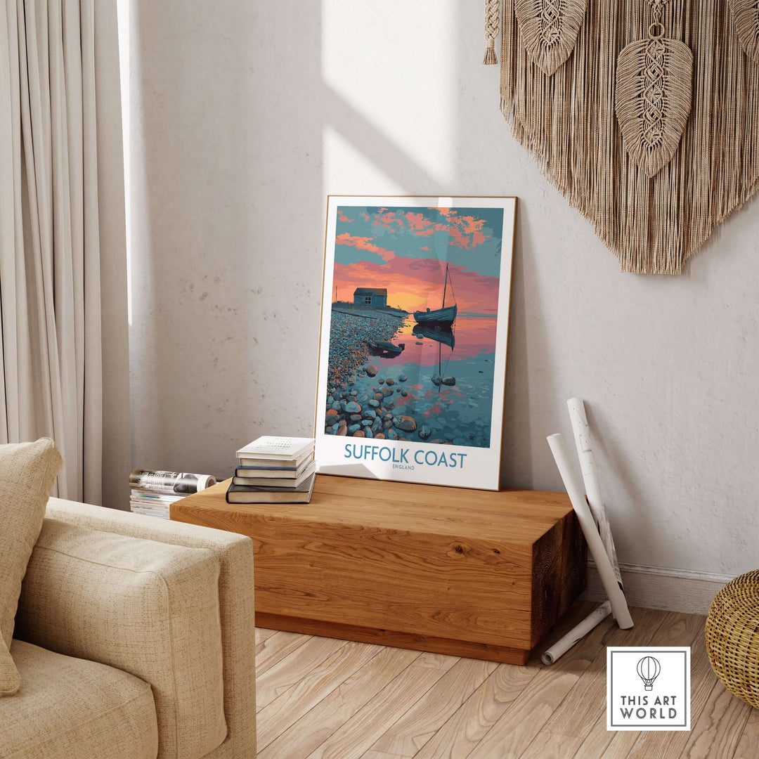 Suffolk Coast poster featuring tranquil evening seascape in a cozy living room setting.
