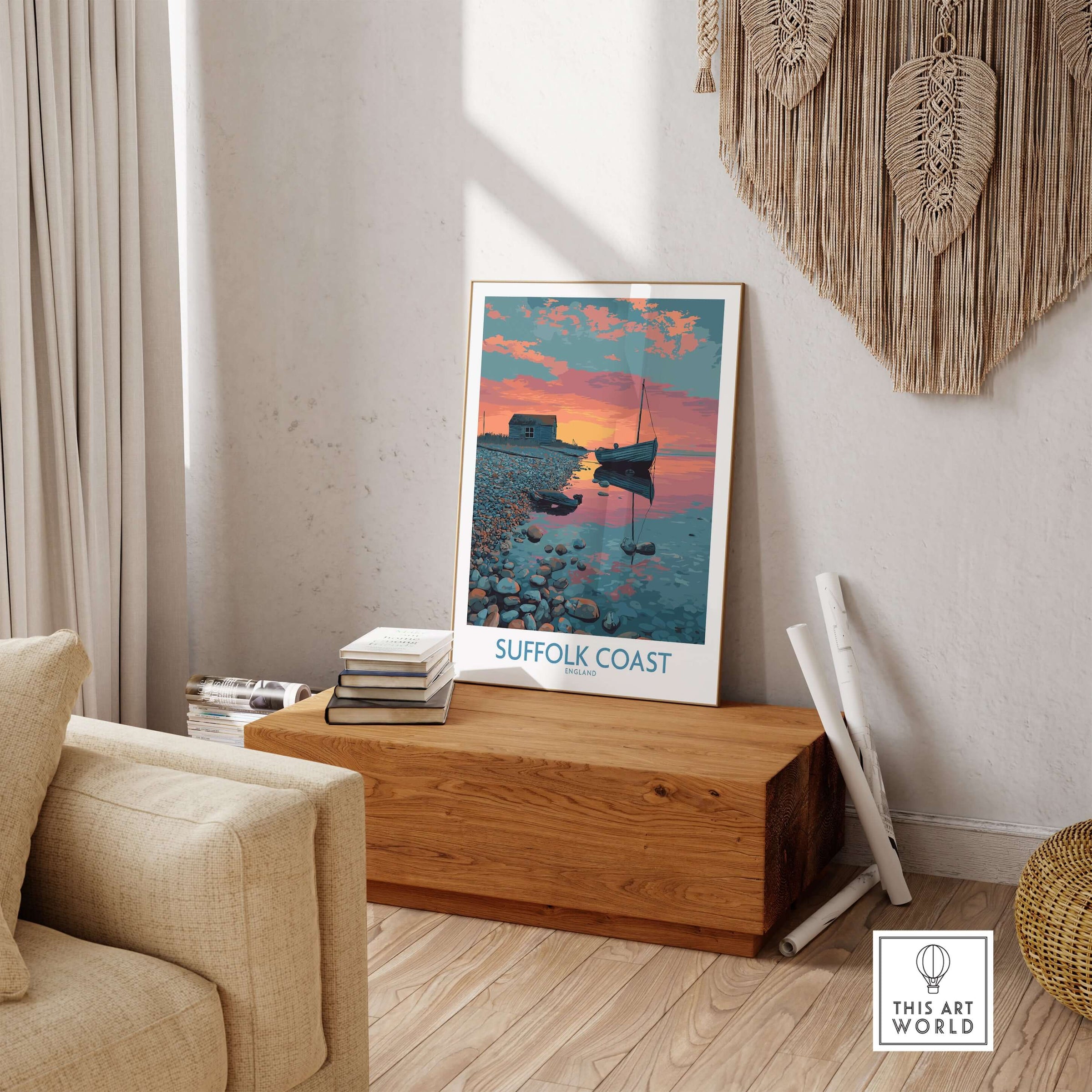 Suffolk Coast Poster England Tranquil Evening Seascape - UK Travel Print displayed in a cozy living room.