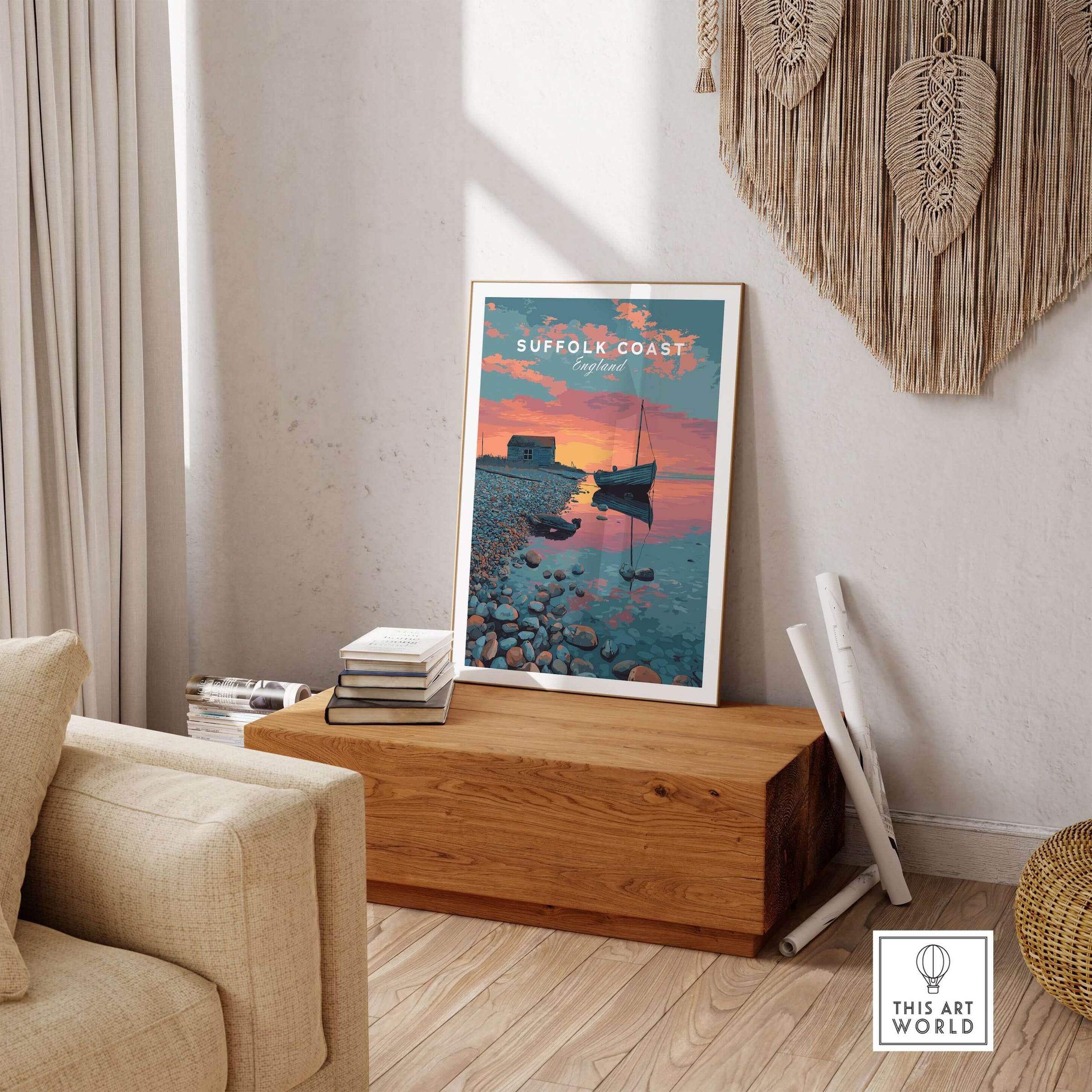 Suffolk Coast Print England Sunset Boat Pebble Beach - Coastal Hut Wall Art displayed in a cozy living room.
